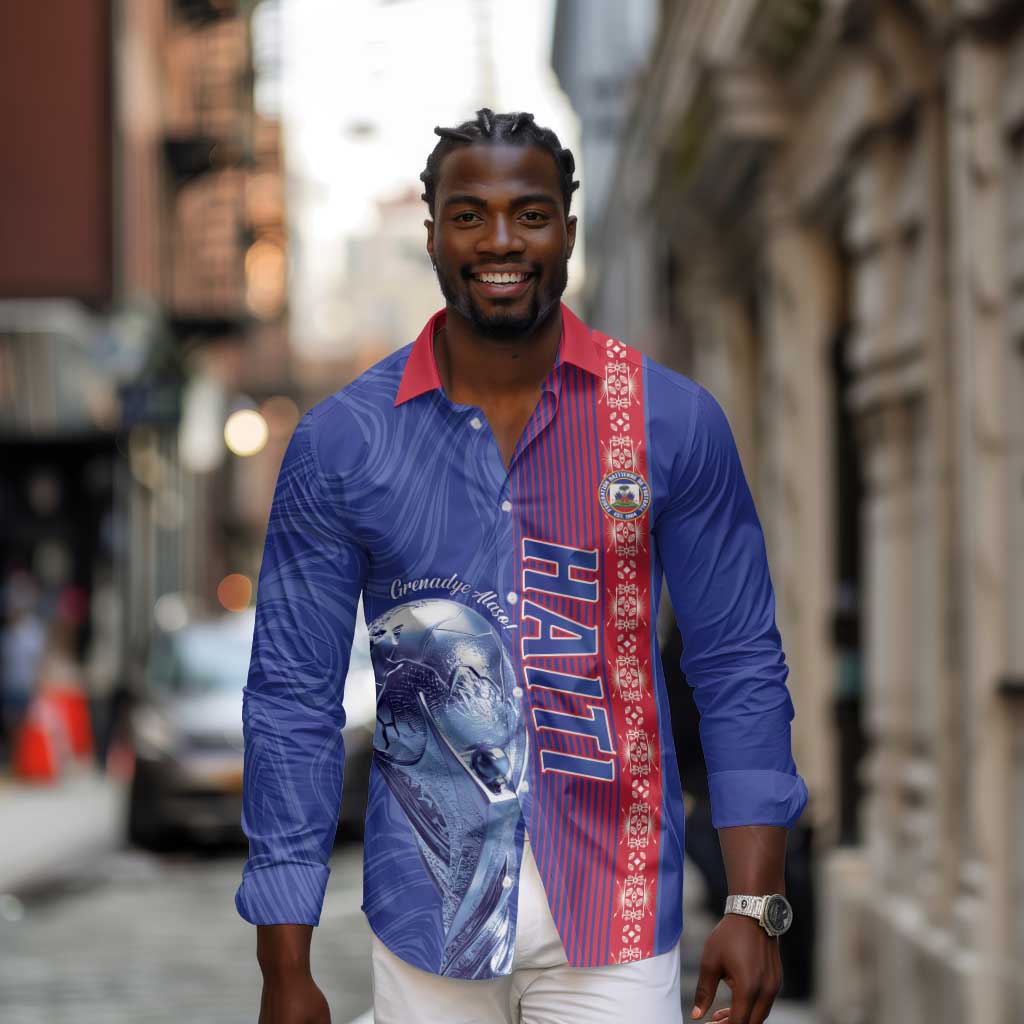 Custom Afro-Haiti Football Long Sleeve Button Shirt 2026 Grenadye Alaso Blue Version - African Pride