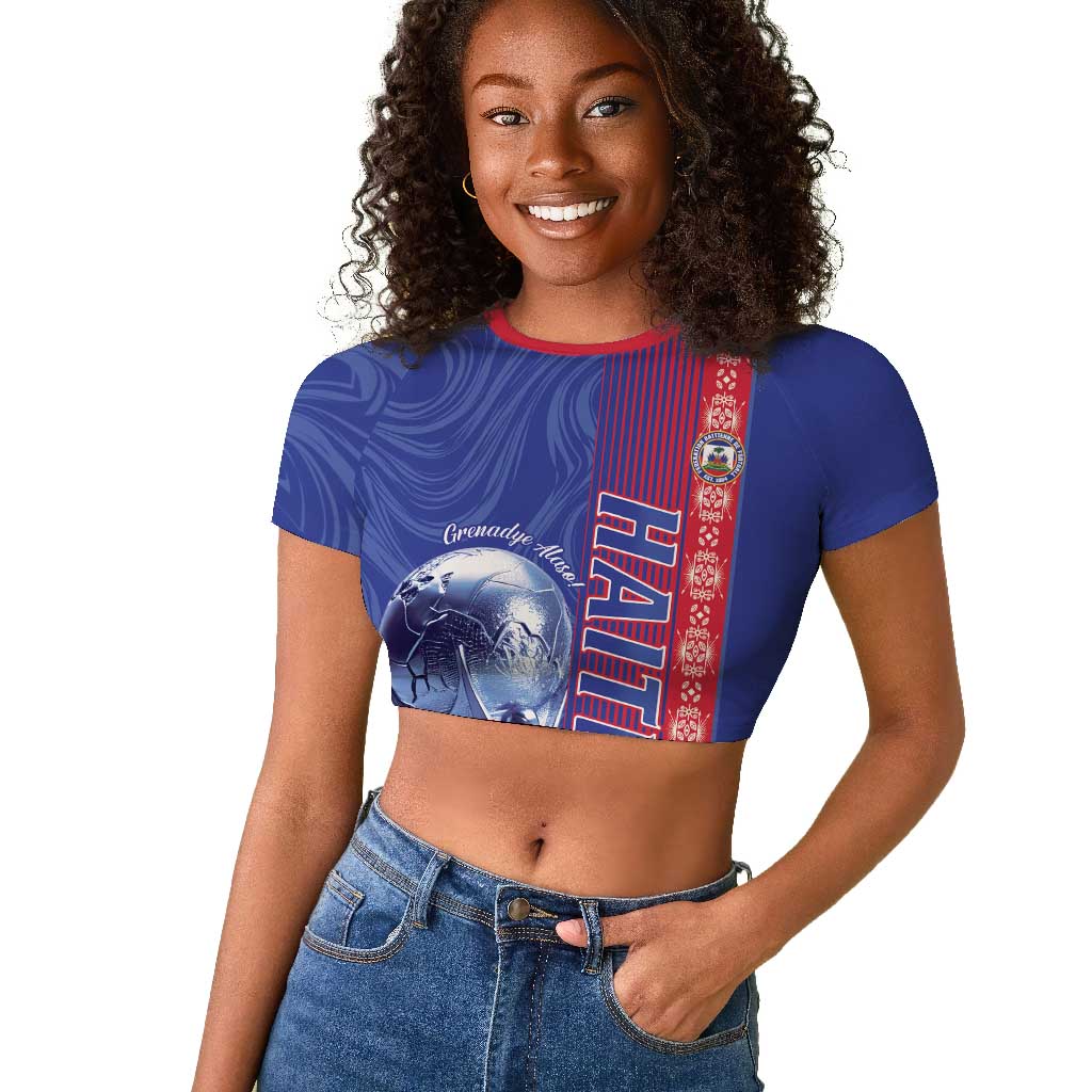 Custom Afro-Haiti Football Raglan Cropped T shirt 2026 Grenadye Alaso Blue Version LT14