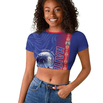 Custom Afro-Haiti Football Raglan Cropped T shirt 2026 Grenadye Alaso Blue Version LT14