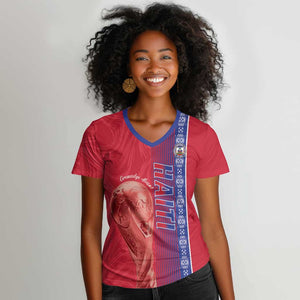 Custom Afro-Haiti Football Women V-Neck T-Shirt 2026 Grenadye Alaso Red Version LT14