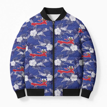 Afro-Haitians Bomber Puffer Jacket Ayiti Map and Rose Kayenn Tropical Style - African Pride