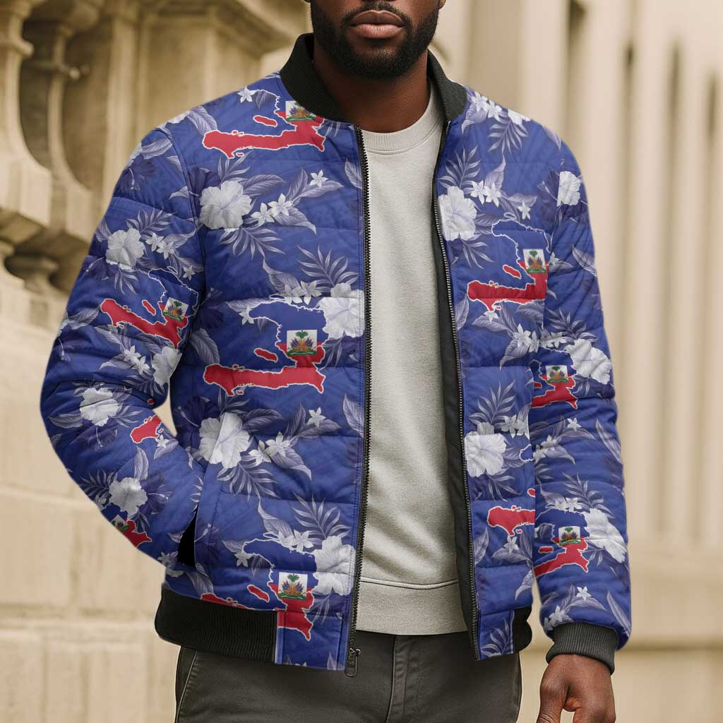 Afro-Haitians Bomber Puffer Jacket Ayiti Map and Rose Kayenn Tropical Style - African Pride