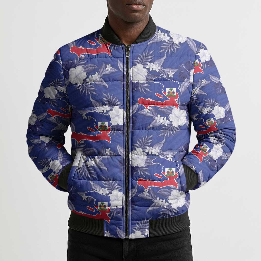 Afro-Haitians Bomber Puffer Jacket Ayiti Map and Rose Kayenn Tropical Style - African Pride
