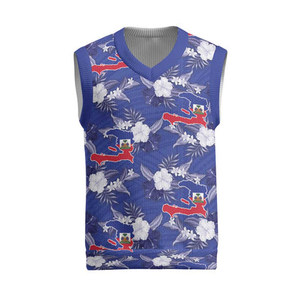 Afro-Haitians Christmas Knitted V-Neck Vest Ayiti Map and Rose Kayenn Tropical Style - African Pride
