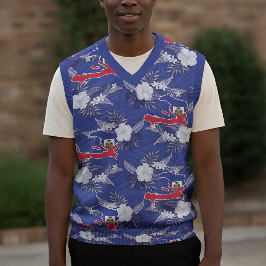 Afro-Haitians Christmas Knitted V-Neck Vest Ayiti Map and Rose Kayenn Tropical Style - African Pride