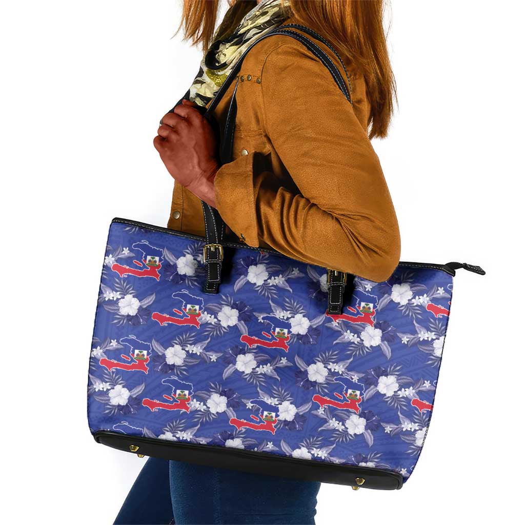 Afro-Haitians Leather Tote Bag Ayiti Map and Rose Kayenn Tropical Style - African Pride