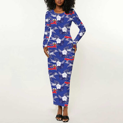 Afro-Haitians Long Sleeve Bodycon Dress Ayiti Map and Rose Kayenn Tropical Style - African Pride