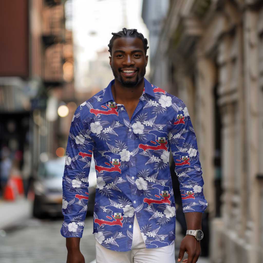 Afro-Haitians Long Sleeve Button Shirt Ayiti Map and Rose Kayenn Tropical Style - African Pride