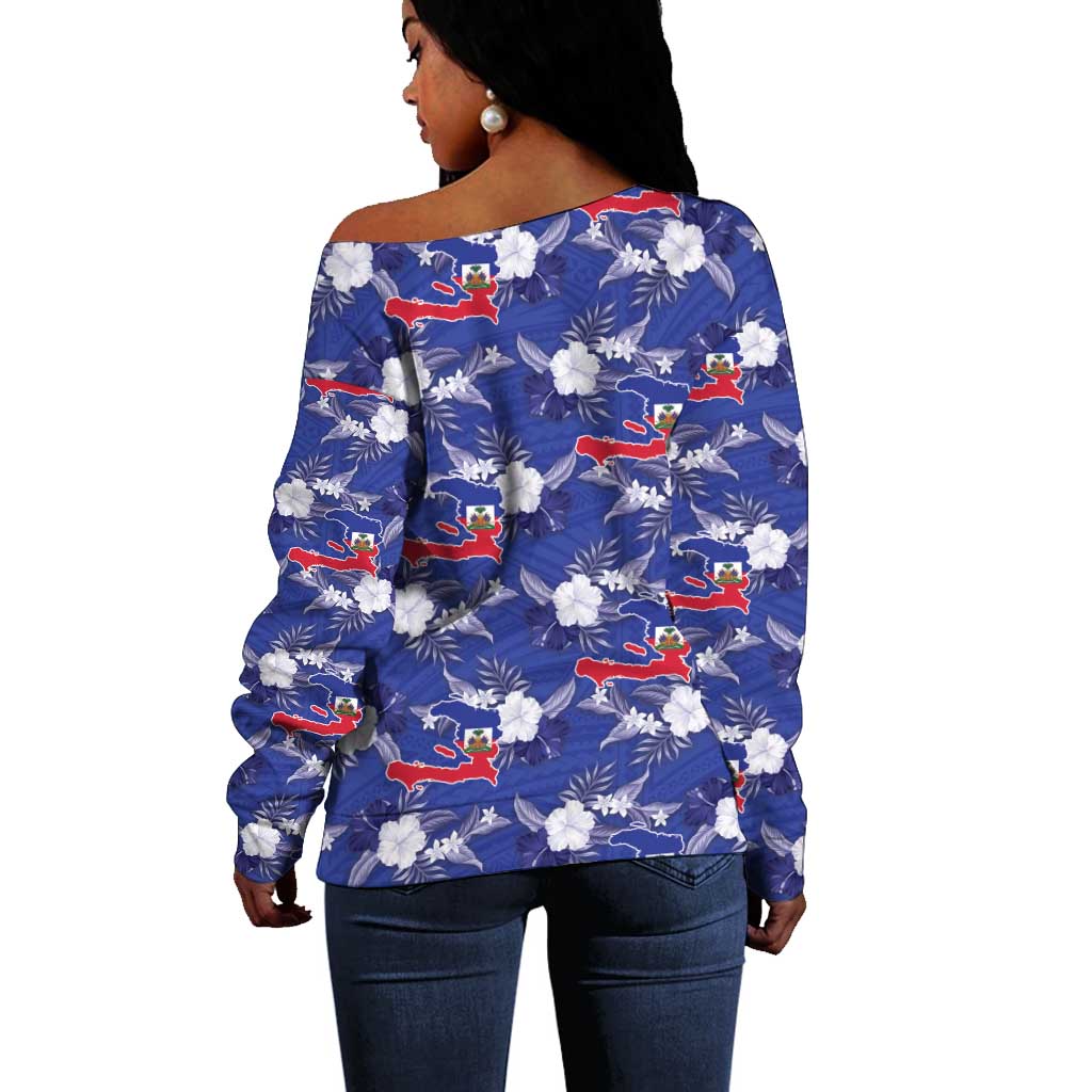 Afro-Haitians Off Shoulder Sweater Ayiti Map and Rose Kayenn Tropical Style - African Pride