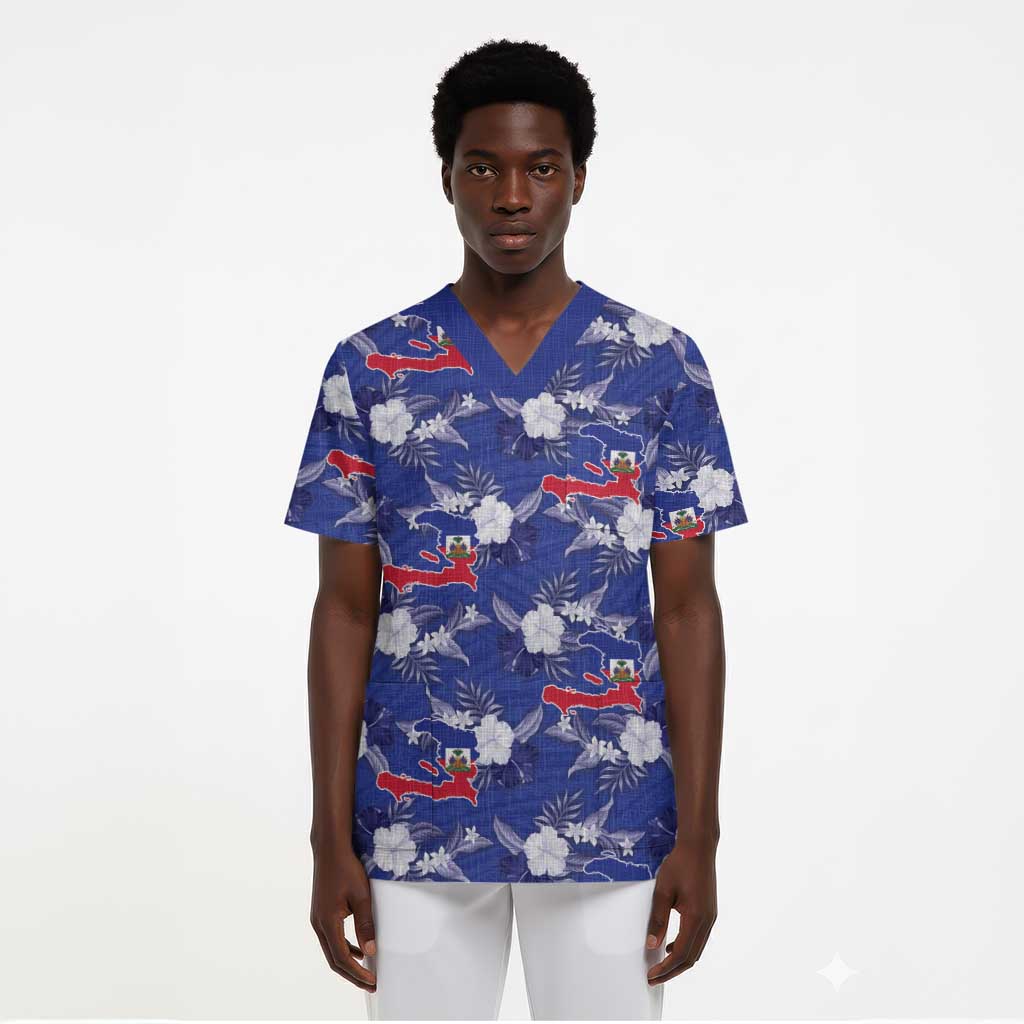 Afro-Haitians Scrub Top Ayiti Map and Rose Kayenn Tropical Style - African Pride