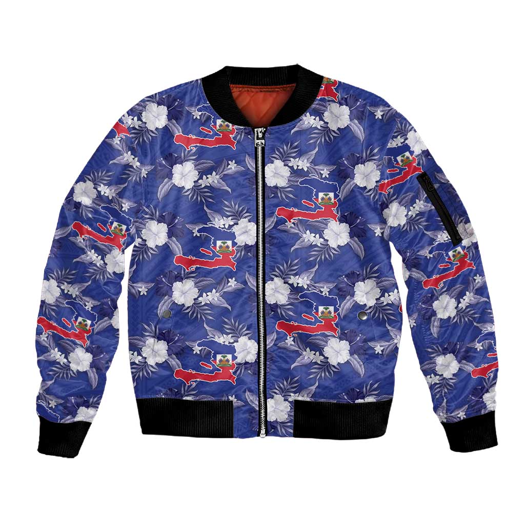 Afro-Haitians Sleeve Zip Bomber Jacket Ayiti Map and Rose Kayenn Tropical Style - African Pride
