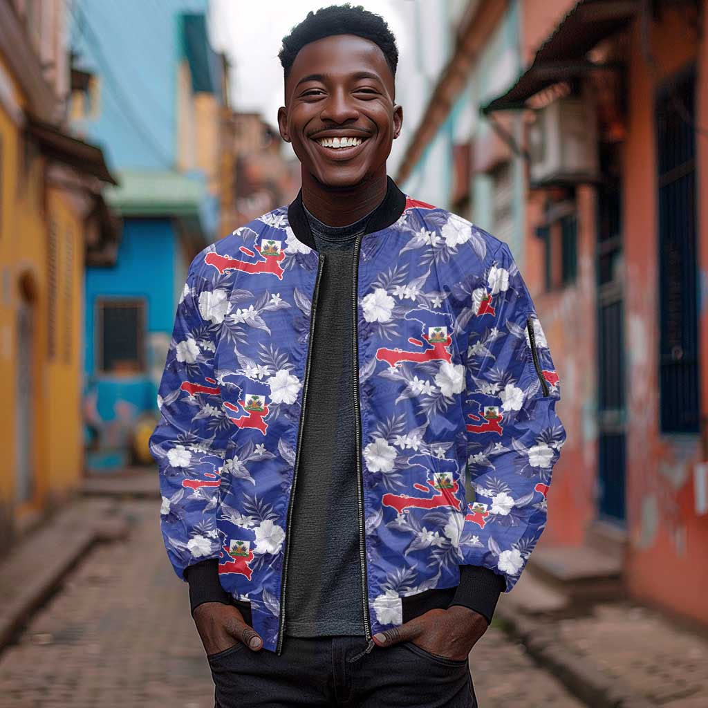 Afro-Haitians Sleeve Zip Bomber Jacket Ayiti Map and Rose Kayenn Tropical Style - African Pride