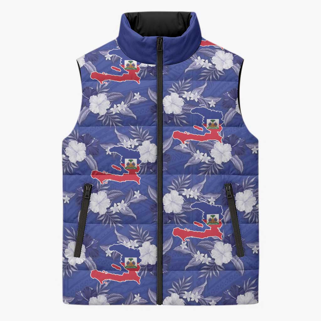Afro-Haitians Sleeveless Puffer Jacket Ayiti Map and Rose Kayenn Tropical Style - African Pride