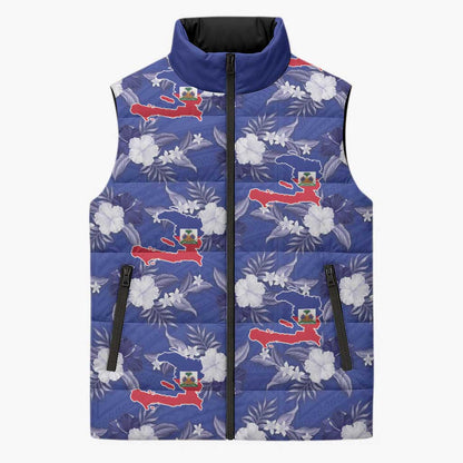 Afro-Haitians Sleeveless Puffer Jacket Ayiti Map and Rose Kayenn Tropical Style - African Pride