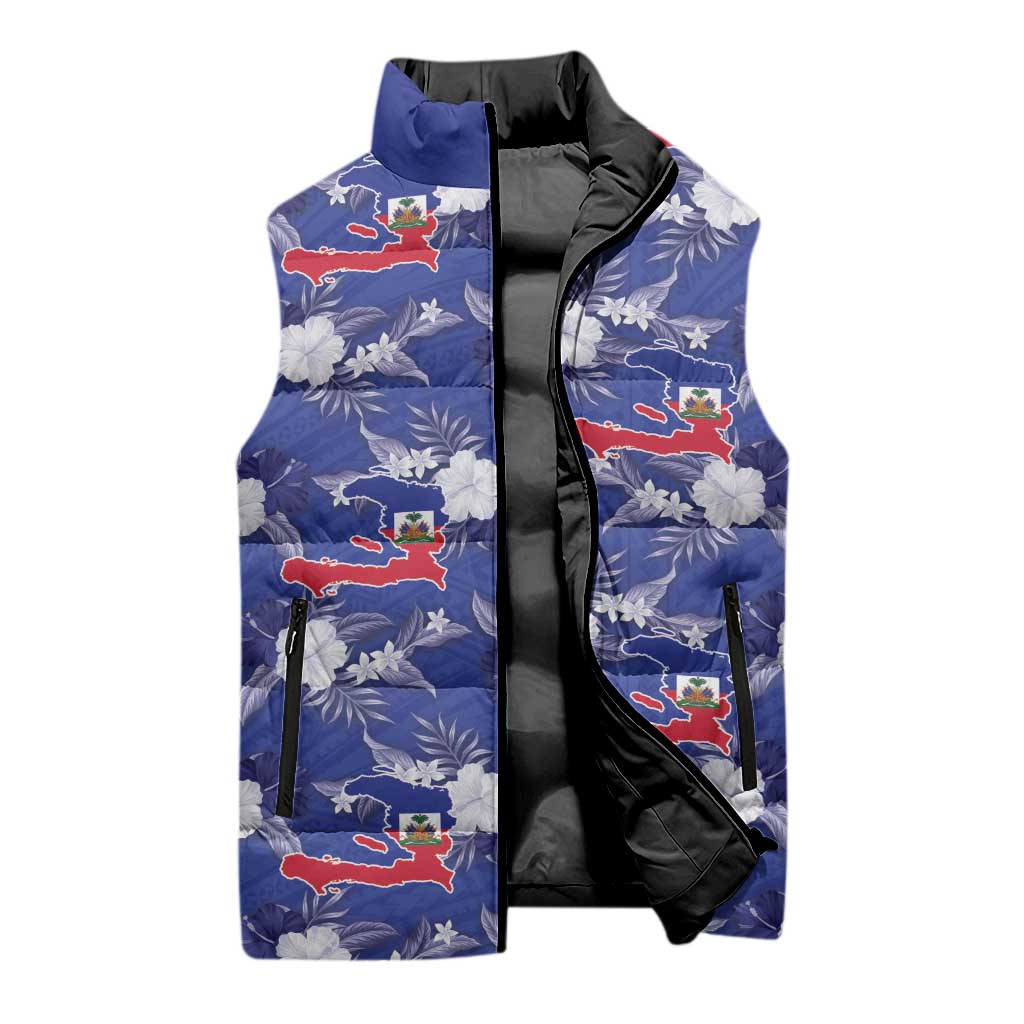 Afro-Haitians Sleeveless Puffer Jacket Ayiti Map and Rose Kayenn Tropical Style - African Pride