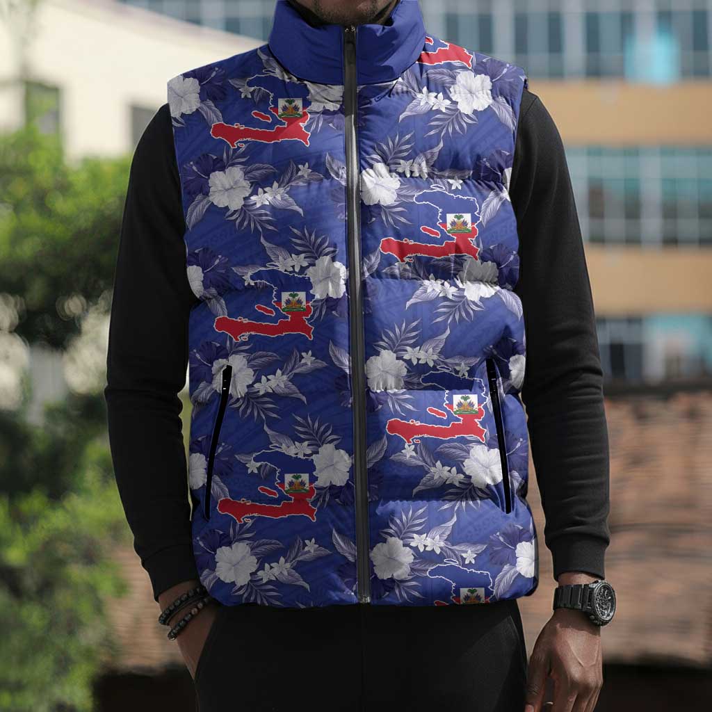 Afro-Haitians Sleeveless Puffer Jacket Ayiti Map and Rose Kayenn Tropical Style - African Pride