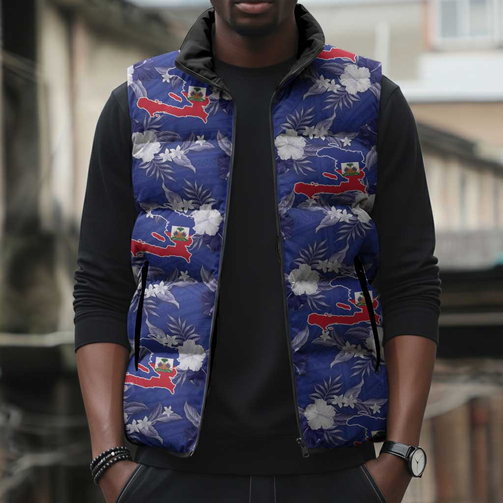 Afro-Haitians Sleeveless Puffer Jacket Ayiti Map and Rose Kayenn Tropical Style - African Pride