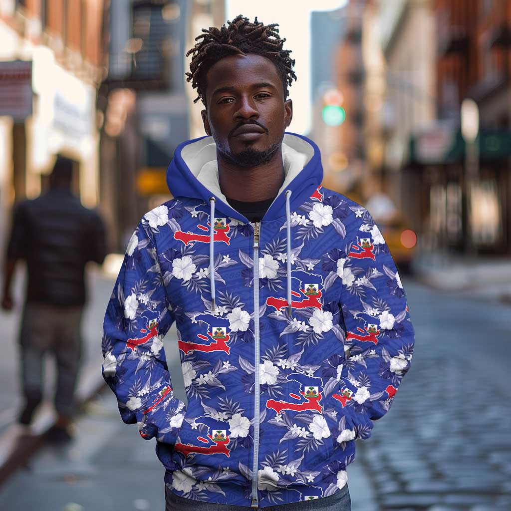 Afro-Haitians Zip Hoodie Ayiti Map and Rose Kayenn Tropical Style - African Pride