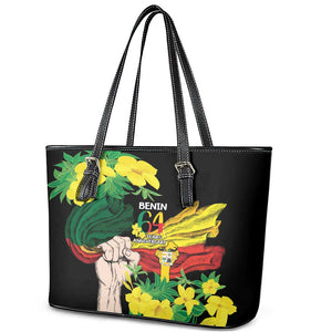 Benin National Day Leather Tote Bag Happy 64th Independence Anniversary Yellow Allamanda