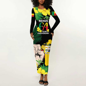 Benin National Day Long Sleeve Bodycon Dress Happy 64th Independence Anniversary Yellow Allamanda