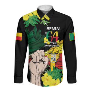 Benin National Day Long Sleeve Button Shirt Happy 64th Independence Anniversary Yellow Allamanda