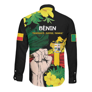 Benin National Day Long Sleeve Button Shirt Happy 64th Independence Anniversary Yellow Allamanda