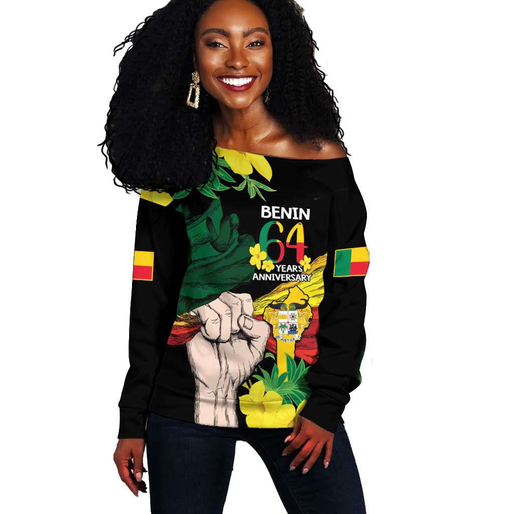 Benin National Day Off Shoulder Sweater Happy 64th Independence Anniversary Yellow Allamanda