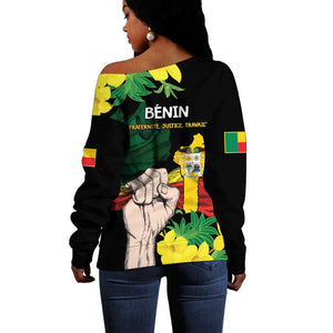 Benin National Day Off Shoulder Sweater Happy 64th Independence Anniversary Yellow Allamanda