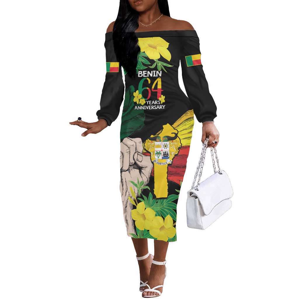 Benin National Day Off The Shoulder Long Sleeve Dress Happy 64th Independence Anniversary Yellow Allamanda