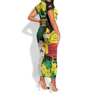 Benin National Day Short Sleeve Bodycon Dress Happy 64th Independence Anniversary Yellow Allamanda