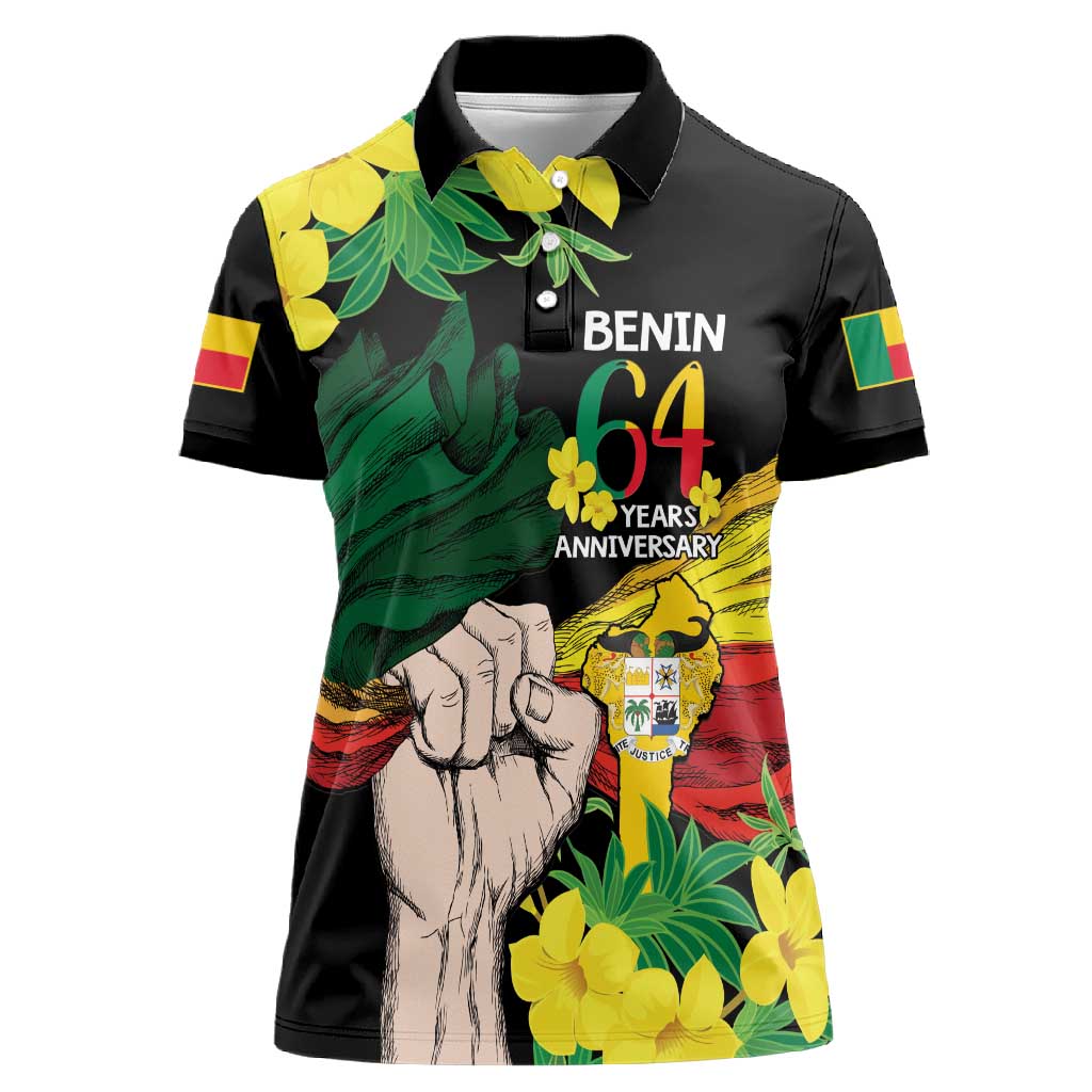 Benin National Day Women Polo Shirt Happy 64th Independence Anniversary Yellow Allamanda