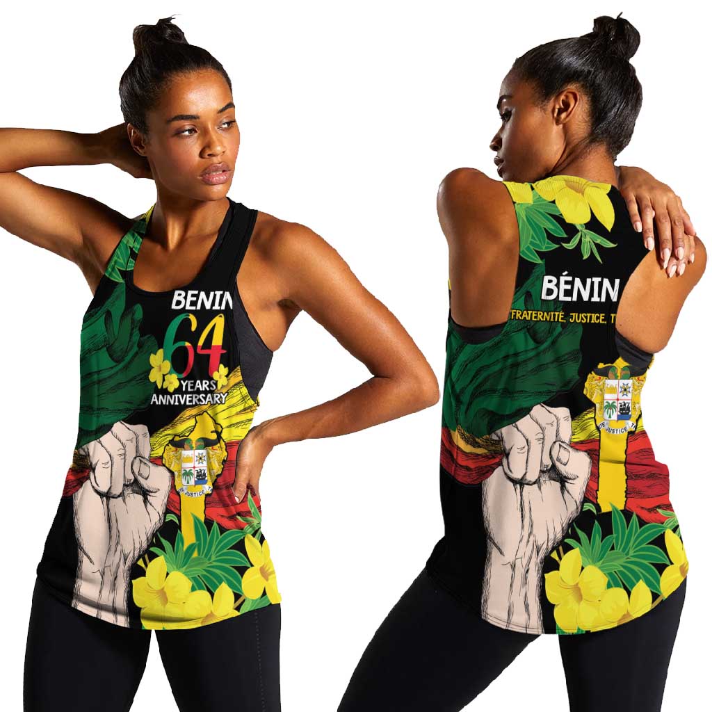 Benin National Day Women Racerback Tank Happy 64th Independence Anniversary Yellow Allamanda