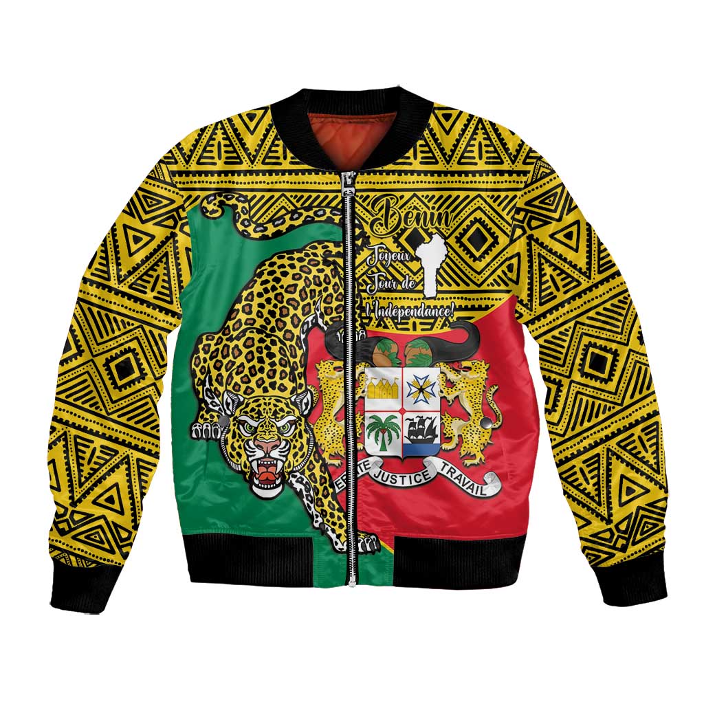 Personalised Benin National Day Bomber Jacket Coat Of Arms With Leopard African Pattern