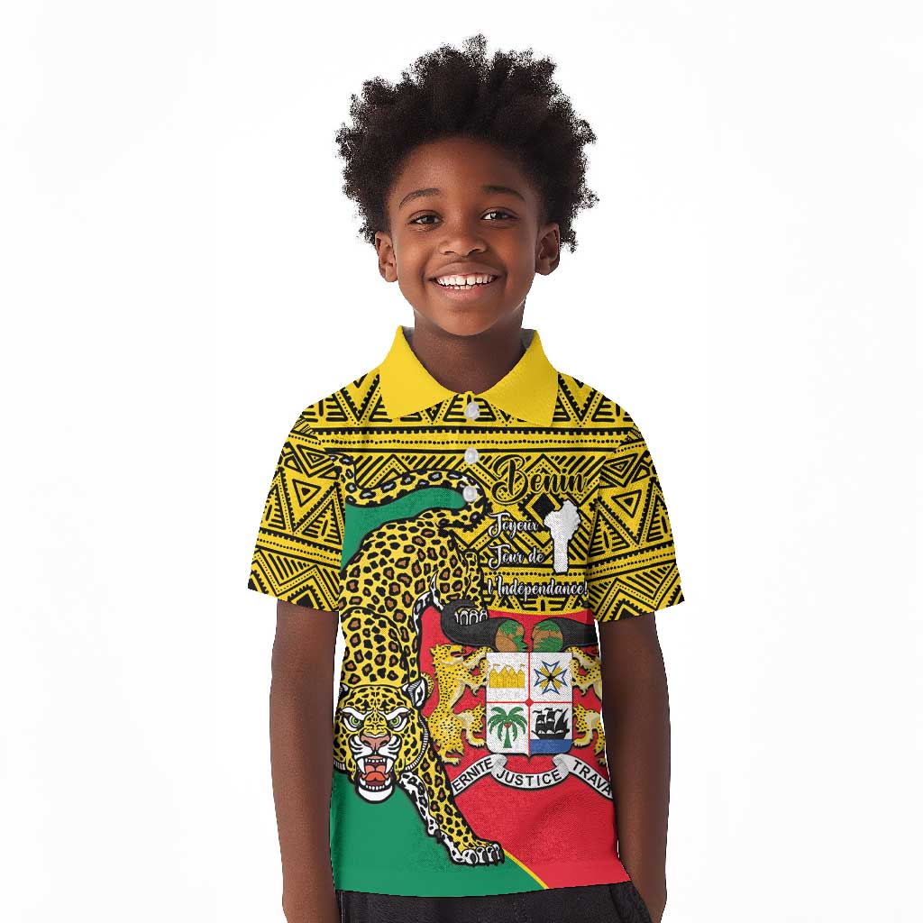 Personalised Benin National Day Kid Polo Shirt Coat Of Arms With Leopard African Pattern