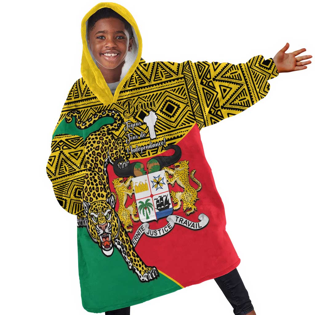 Personalised Benin National Day KId Wearable Blanket Hoodie Coat Of Arms With Leopard African Pattern