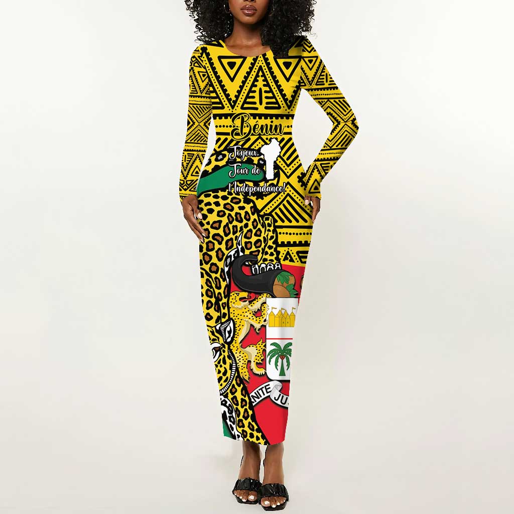 Personalised Benin National Day Long Sleeve Bodycon Dress Coat Of Arms With Leopard African Pattern