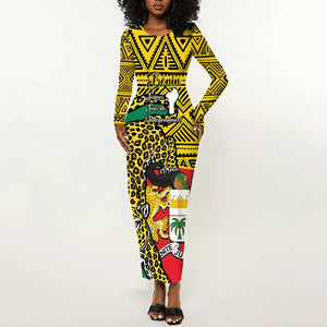 Personalised Benin National Day Long Sleeve Bodycon Dress Coat Of Arms With Leopard African Pattern