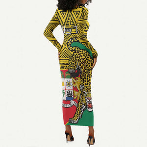 Personalised Benin National Day Long Sleeve Bodycon Dress Coat Of Arms With Leopard African Pattern