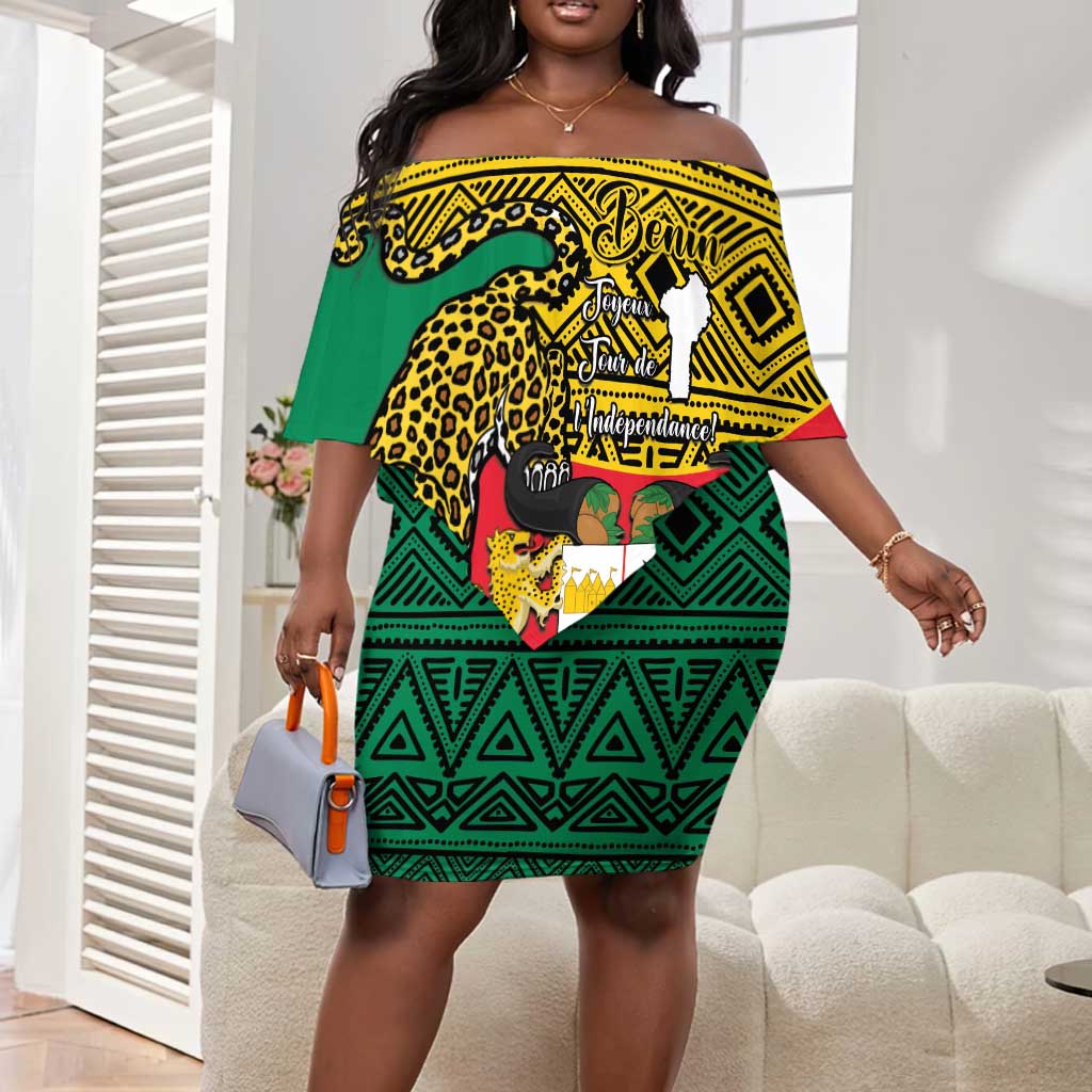 Personalised Benin National Day Off Shoulder Short Dress Coat Of Arms With Leopard African Pattern LT14