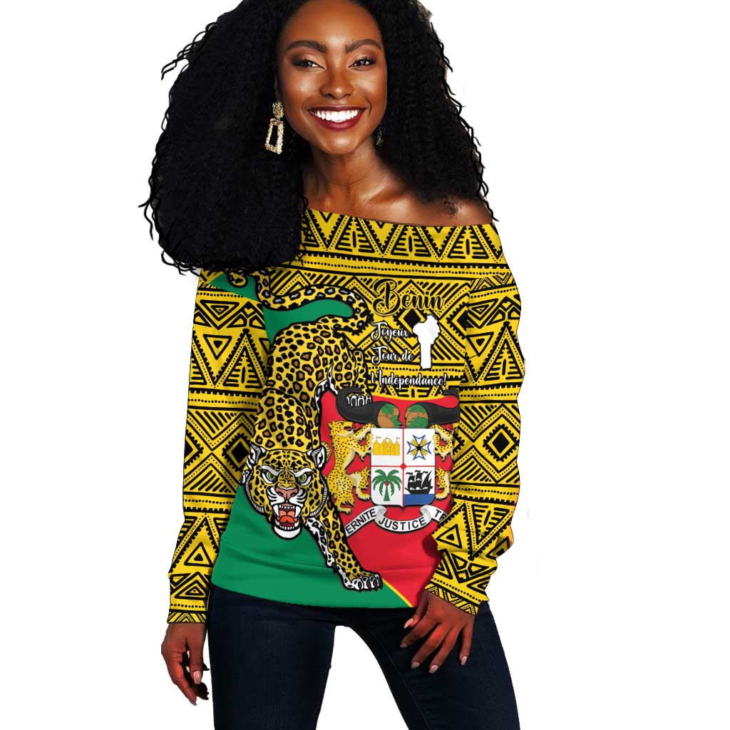 Personalised Benin National Day Off Shoulder Sweater Coat Of Arms With Leopard African Pattern