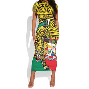 Personalised Benin National Day Short Sleeve Bodycon Dress Coat Of Arms With Leopard African Pattern