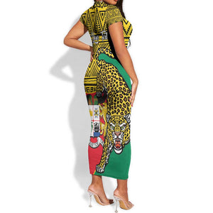 Personalised Benin National Day Short Sleeve Bodycon Dress Coat Of Arms With Leopard African Pattern