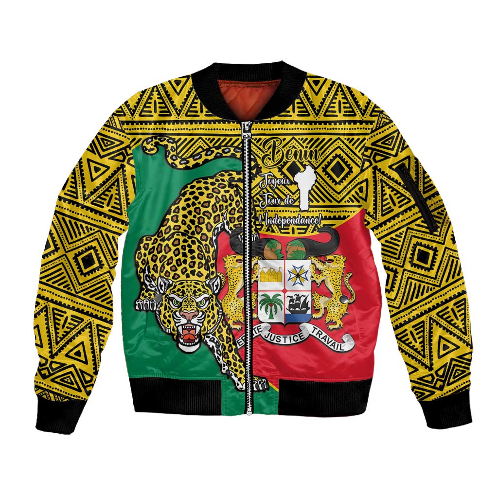 Personalised Benin National Day Sleeve Zip Bomber Jacket Coat Of Arms With Leopard African Pattern