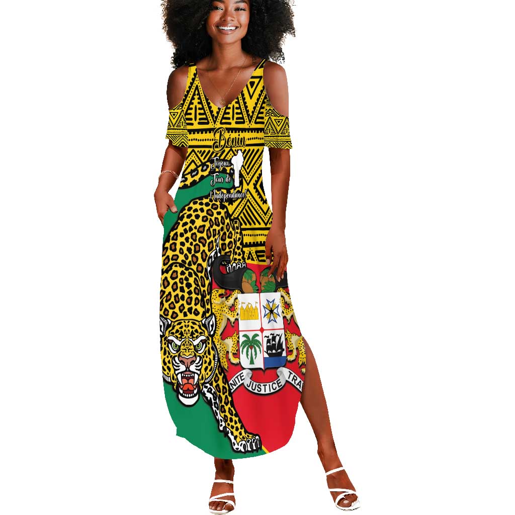 Personalised Benin National Day Summer Maxi Dress Coat Of Arms With Leopard African Pattern