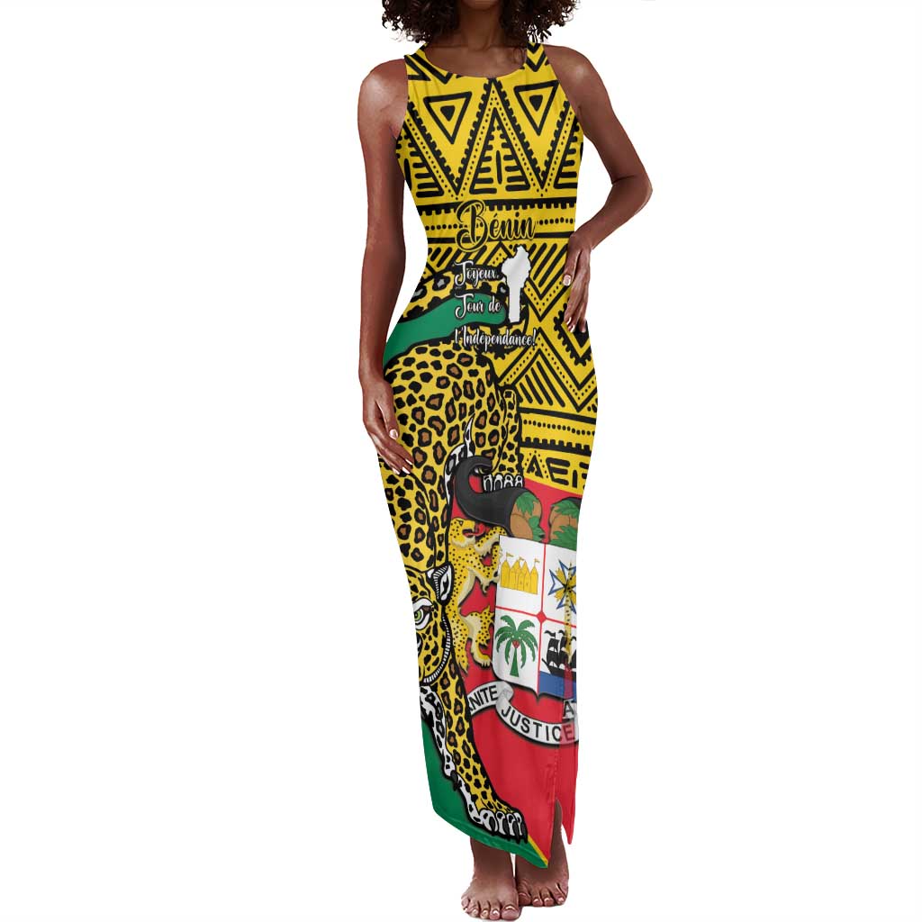 Personalised Benin National Day Tank Maxi Dress Coat Of Arms With Leopard African Pattern