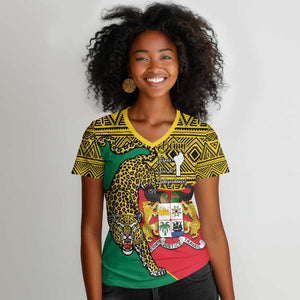 Personalised Benin National Day Women V-Neck T-Shirt Coat Of Arms With Leopard African Pattern