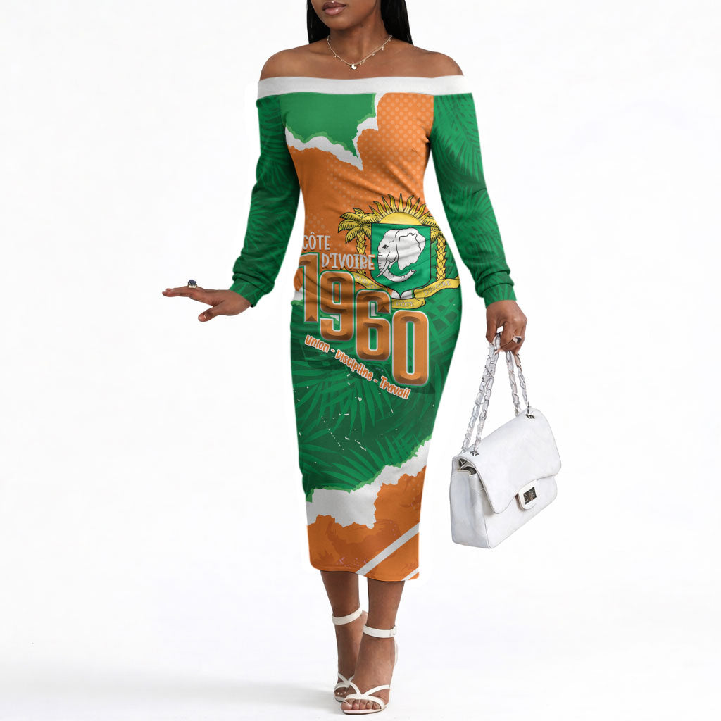 Cote d'Ivoire Independence Day Personalized Off The Shoulder Long Sleeve Dress 1960 Proud Coat Of Arms Grunge Style