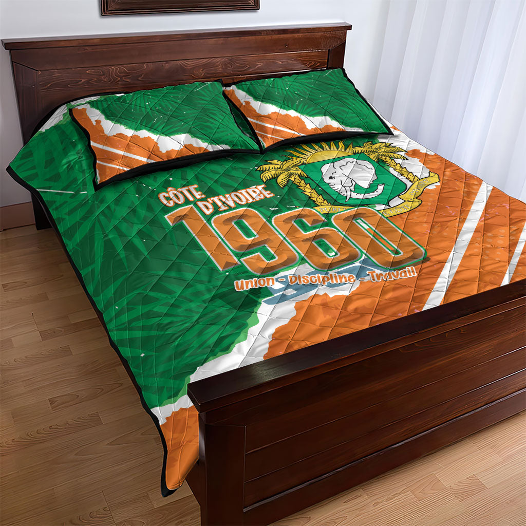 Cote d'Ivoire Independence Day Quilt Bed Set 1960 Proud Coat Of Arms Grunge Style