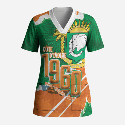 Cote d'Ivoire Independence Day Personalized Scrub Top 1960 Proud Coat Of Arms Grunge Style
