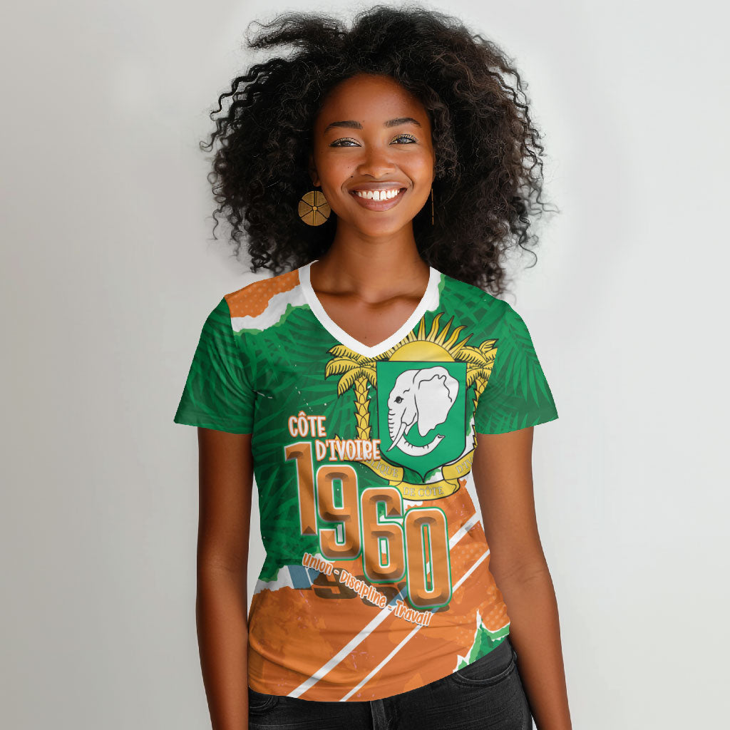 Cote d'Ivoire Independence Day Personalized Women V-Neck T-Shirt 1960 Proud Coat Of Arms Grunge Style